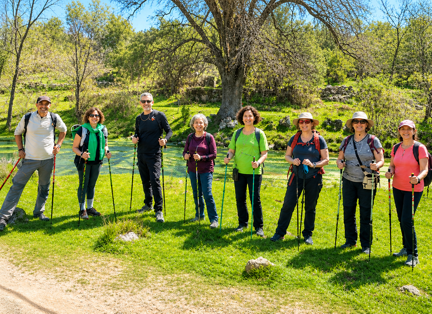 Grupo con bastones de marcha nórdica disfrutando de la naturaleza