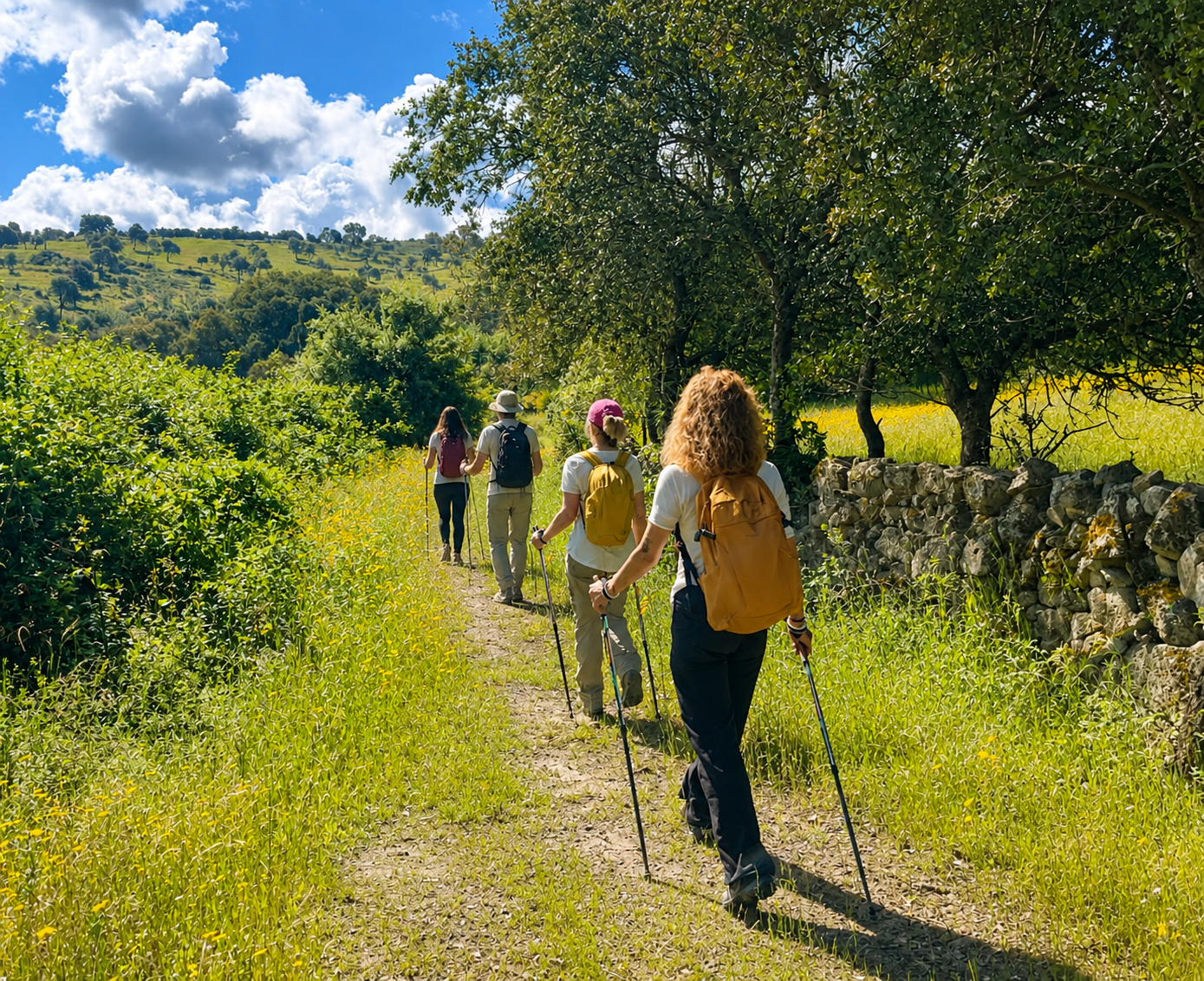 personas haciendo una ruta de marcha nórdica en la naturaleza